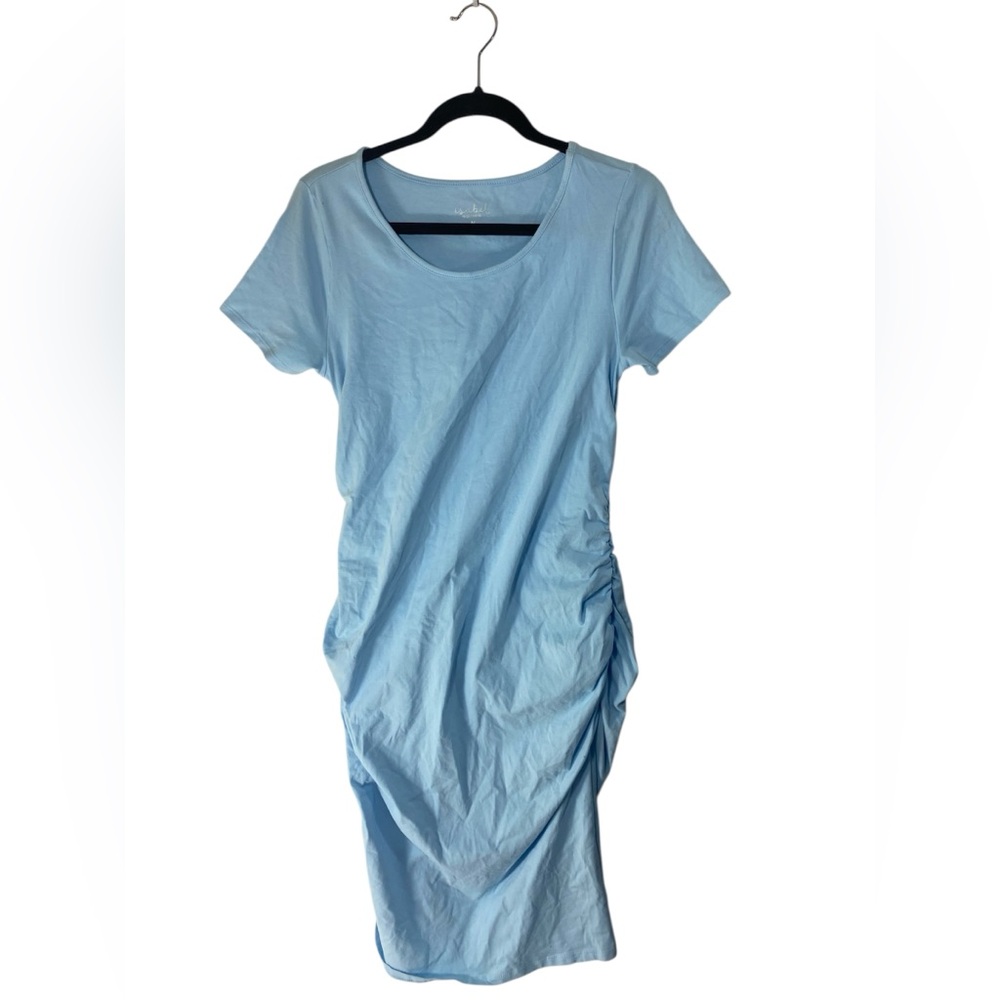 Isabel Maternity Blue Ruched Bodycon Dress Stretch Short Sleeve Size M